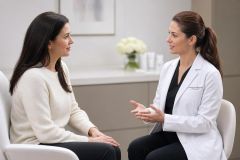 Doctor consulting a patient in a calm cosmetic clinic, discussing rhinoplasty medical expense options.