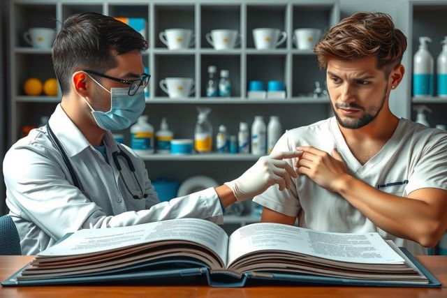 The image shows two men dressed in medical attire, likely doctors, sitting at a table with various books and items associated with a clinical setting. One man is wearing a surgical mask, suggesting an emphasis on hygiene or the examination of a patient. The background features additional medical equipment and supplies, indicating that this scene takes place in a well-equipped medical facility.
