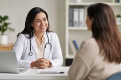 Doctor in white coat speaking with patient at desk in a calm clinical consultation room.