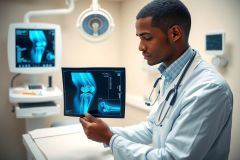 Doctor examining an X-ray of a knee joint in a medical office. The image shows a grayscale diagnostic scan, highlighting skeletal structure and health assessment in a clinical setting.
