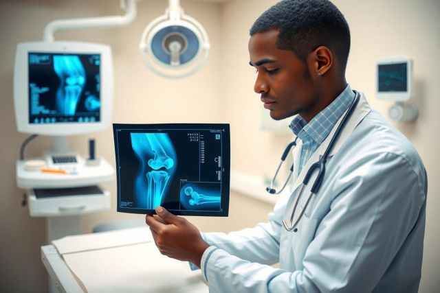 Doctor examining an X-ray of a knee joint in a medical office. The image shows a grayscale diagnostic scan, highlighting skeletal structure and health assessment in a clinical setting.