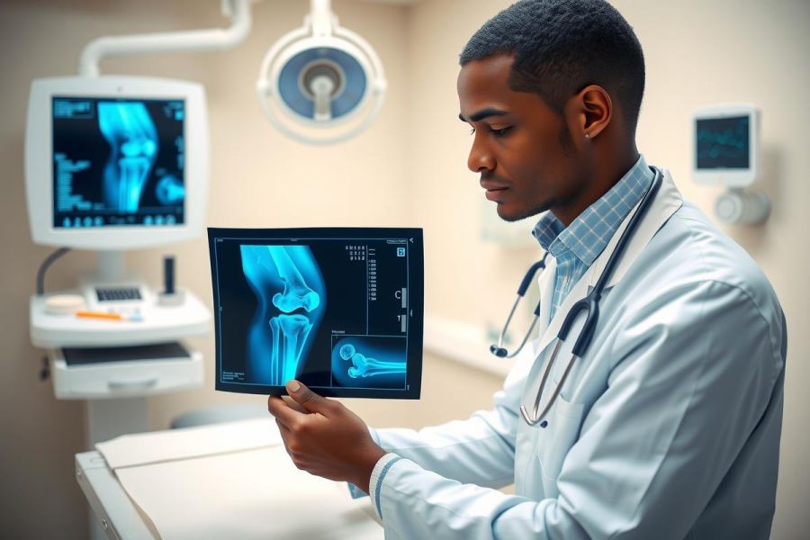 Doctor examining an X-ray of a knee joint in a medical office. The image shows a grayscale diagnostic scan, highlighting skeletal structure and health assessment in a clinical setting.