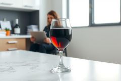 Glass of red wine on a kitchen countertop. Warm lighting, modern design, and a blurred background with a person reading.  A cozy and inviting atmosphere.