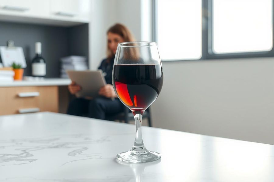 Glass of red wine on a kitchen countertop. Warm lighting, modern design, and a blurred background with a person reading. A cozy and inviting atmosphere.