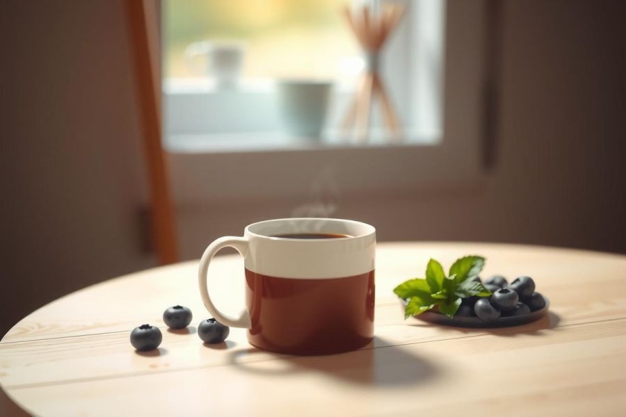 Warm cup of tea with blueberries and mint on a wooden table. Cozy atmosphere, natural light, and a relaxing vibe. Perfect for a moment of calm.