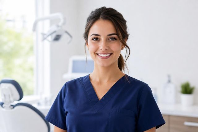 Smiling dental hygienist in scrubs standing in a bright dental clinic treatment room.