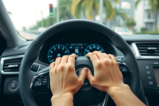 Close-up of hands on a car steering wheel, showcasing the dashboard and interior. The scene features a modern car interior with a focus on the controls and driving experience. The background shows a blurred urban environment.