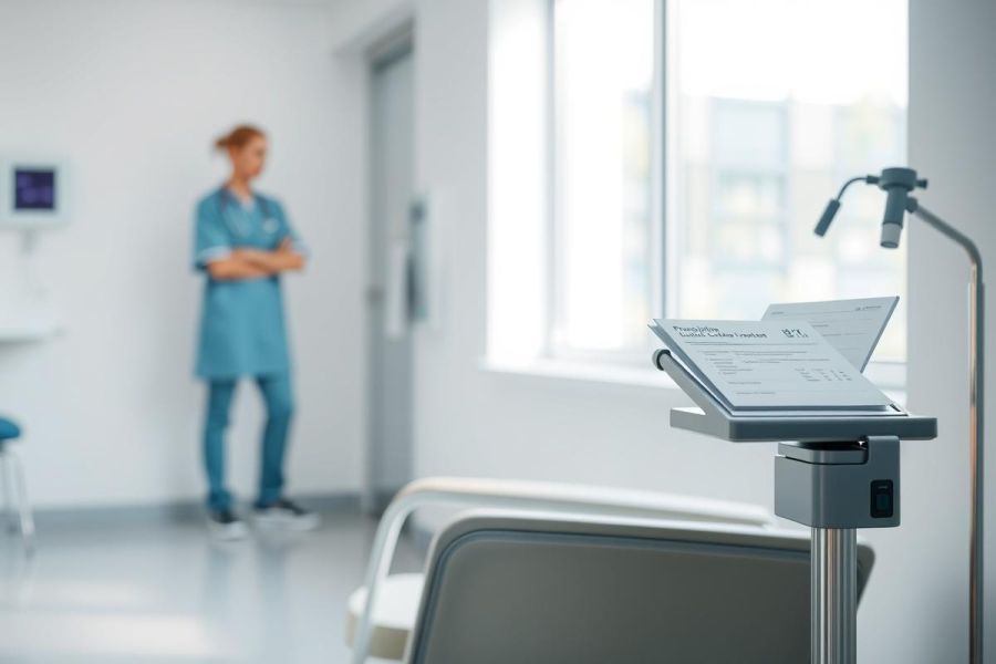 Hospital hallway scene featuring a nurse in blue scrubs standing in the background, an examination light over patient charts, and a glimpse of a medical bed. Clean, bright, and modern healthcare environment. Focus on medical care and patient documentation.