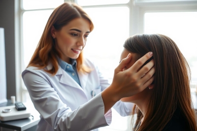 Doctor examining patient's eye during an eye exam. Healthcare professional in a white coat performs a routine checkup in a medical office setting. Focus on eye health and patient care.