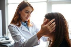Doctor examining patient's eye during an eye exam. Healthcare professional in a white coat performs a routine checkup in a medical office setting. Focus on eye health and patient care.