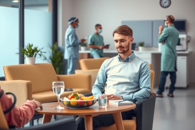 The image depicts a man seated at a table in what appears to be a modern medical office. He is dressed in casual attire, looking down towards his lap, possibly deep in thought or about to say something. The environment suggests a contemporary and clean setting with a large glass wall that provides natural light and offers views of the surrounding area. 