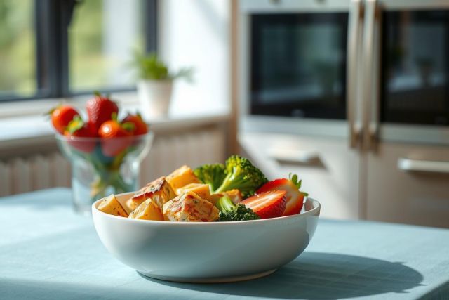 Healthy salad bowl with fresh broccoli and strawberries on a blue table. Bright, natural light in a kitchen setting. Focus on vibrant colors and wholesome ingredients. Food photography.