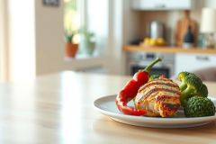 Grilled chicken breast with vibrant red chili peppers and broccoli on a plate. A healthy meal, likely prepared at home, with a warm, inviting kitchen backdrop.