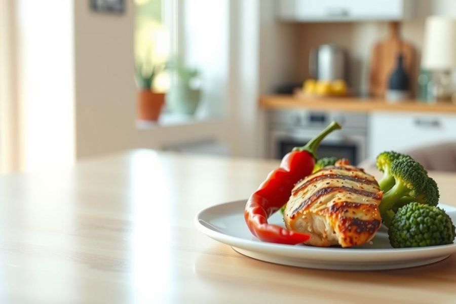 Grilled chicken breast with vibrant red chili peppers and broccoli on a plate. A healthy meal, likely prepared at home, with a warm, inviting kitchen backdrop.