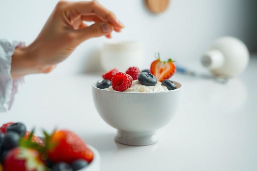 Close-up of a white bowl filled with fresh berries, including strawberries and blueberries. The image showcases a breakfast or healthy snack setting with a minimalist aesthetic. The colors are bright and natural.