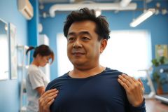Man in a blue shirt stands in a gym, looking towards the viewer. A woman is visible in the background. The gym has blue walls and visible exercise equipment.