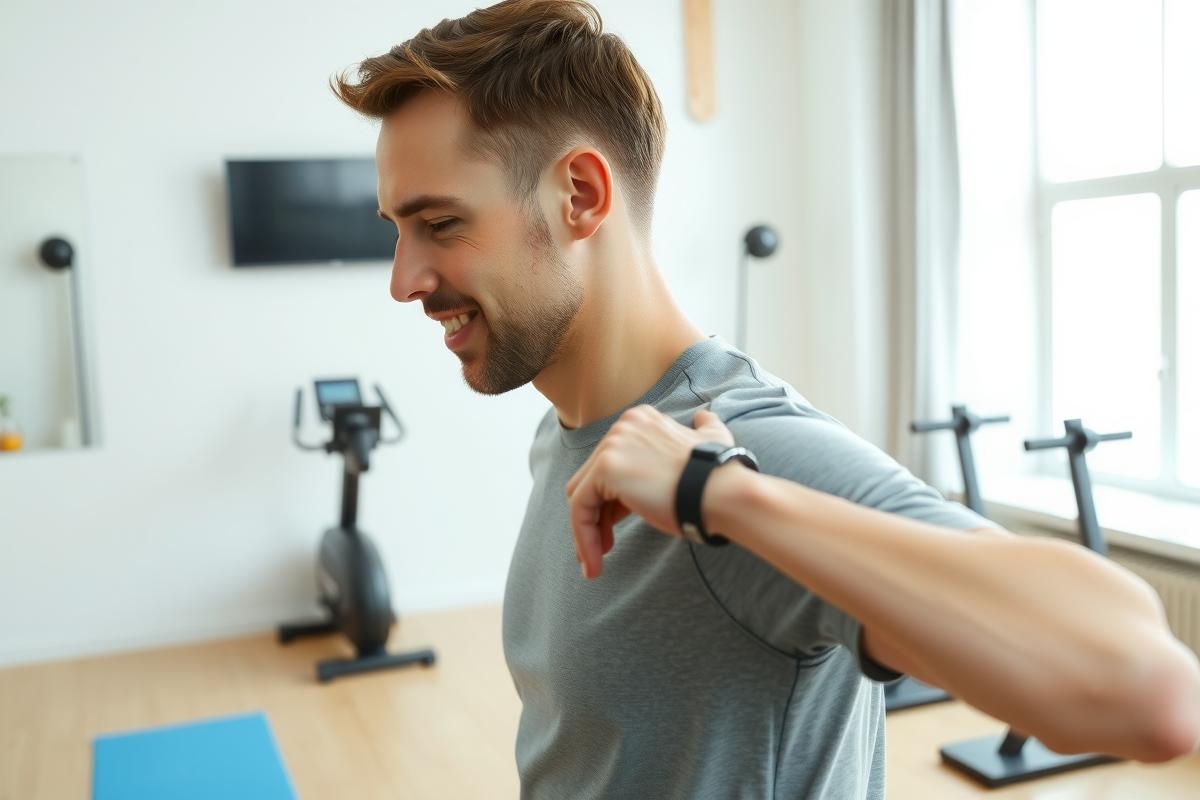 Man in a grey t-shirt adjusts a fitness tracker while in a modern gym. The room features exercise equipment and a blue yoga mat on a wooden floor.