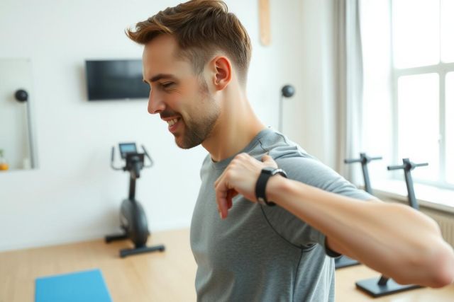 Man in a grey t-shirt adjusts a fitness tracker while in a modern gym. The room features exercise equipment and a blue yoga mat on a wooden floor.