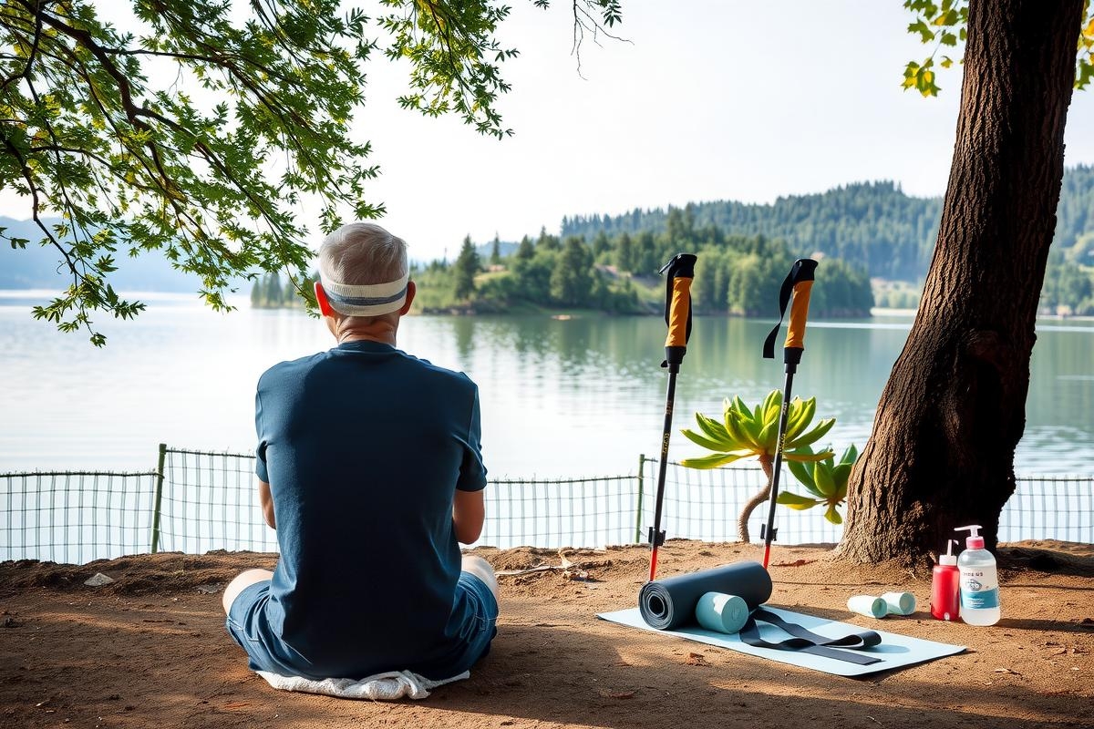 The image depicts an older man sitting on a folding chair outdoors. He is wearing athletic attire and has a hat on, suggesting that he might be taking part in some physical activity or exercise. His posture is relaxed with his hands gently resting on the armrests of the chair. Beside him are various fitness equipment items including yoga mats, foam rollers, water bottles, and sports balls.