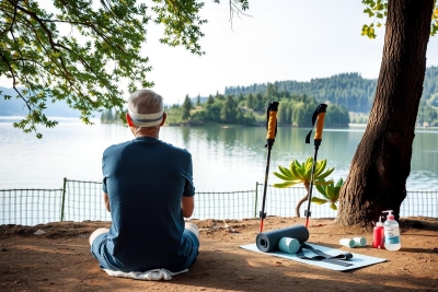 The image depicts an older man sitting on a folding chair outdoors. He is wearing athletic attire and has a hat on, suggesting that he might be taking part in some physical activity or exercise. His posture is relaxed with his hands gently resting on the armrests of the chair. Beside him are various fitness equipment items including yoga mats, foam rollers, water bottles, and sports balls.
