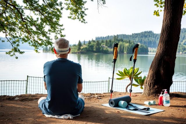 The image depicts an older man sitting on a folding chair outdoors. He is wearing athletic attire and has a hat on, suggesting that he might be taking part in some physical activity or exercise. His posture is relaxed with his hands gently resting on the armrests of the chair. Beside him are various fitness equipment items including yoga mats, foam rollers, water bottles, and sports balls.