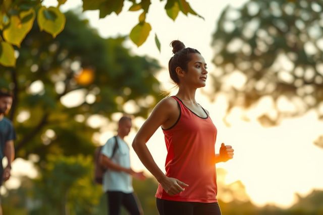 The image shows a group of people running or walking in an outdoor park during what appears to be either sunrise or sunset. The sky has hues of orange and yellow, suggesting early morning or late evening light. In the center, there is a woman wearing a red tank top and black shorts, who seems to be leading the group. 