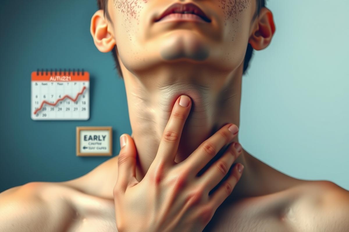 The image depicts a person's chest area with their hand placed on the neck. The individual appears to be looking at something. The colors are muted and the focus is on the texture of the skin and the details of the chest area, including the mole pattern.