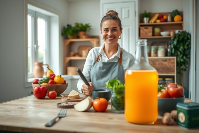 A woman in an apron preparing food at a wooden counter with various ingredients around her, including tomatoes and bowls. The kitchen has shelves with bottles and jars on them. A window to the left illuminates the scene.