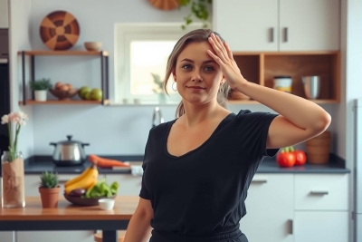 The image depicts a woman in a kitchen with an oven, sink, and various fruits and vegetables. She has her hand on her head, possibly in frustration or disbelief about something related to cooking.