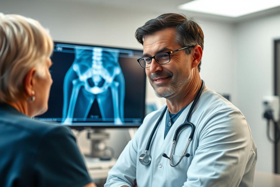 Doctor discussing an X-ray with a patient in a medical clinic. The image features a male doctor in a white coat and stethoscope, looking at a female patient while a pelvic X-ray is displayed on a monitor behind them. The scene conveys a healthcare consultation with a focus on diagnostics and patient care.