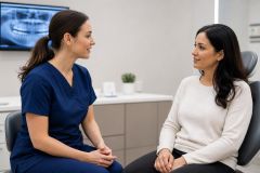 Dentist in navy scrubs consulting with patient in dental exam chair, radiograph visible.