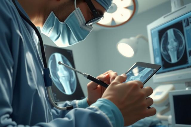 Doctor reviewing X-ray images on a tablet in a medical setting. Focus on diagnostic assessment with healthcare professional in scrubs, utilizing technology for patient care.