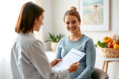 Doctor examines a patient during a consultation in a brightly lit office. The patient is seated and reviewing paperwork. A basket of fruit sits nearby, creating a warm and inviting atmosphere.