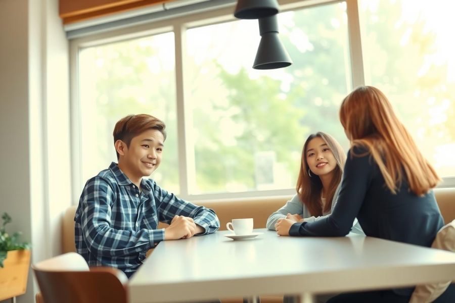 Three people are chatting at a table in a cafe. They're sitting across from each other, smiling and enjoying their coffee. The setting features a window that lets in natural light and a modern interior.