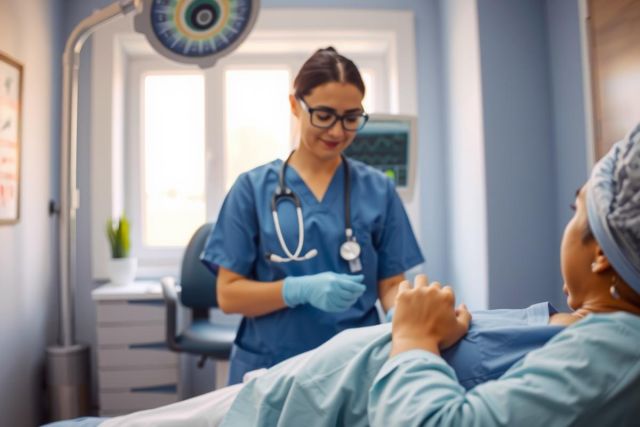 The image portrays a professional medical setting with a female doctor attending to a patient. The doctor is wearing blue scrubs and has a stethoscope around her neck, indicating her readiness for examination or diagnosis. She is standing next to an examination table where the patient is lying down, providing a sense of care and attention being given by the medical professional.