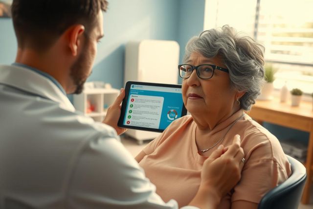 This image depicts a professional healthcare setting where a doctor is examining an elderly patient. The doctor, who appears to be male, is wearing a white coat and has a tablet in his hand which he's using. He seems to be showing the patient some information on the screen of the tablet. The patient is seated and dressed in light clothing with glasses. They are both indoors, likely within an office or clinic environment.