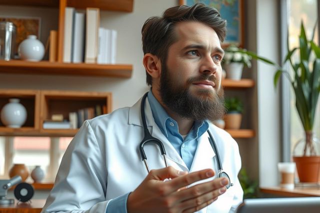 The image shows a bearded man in a white coat, which suggests he is a doctor. He appears to be engaged in conversation or explaining something on a digital tablet. The setting seems to be an office environment, possibly a doctor's office or clinic.