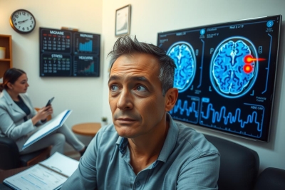 In a clinical office setting, two individuals are present. The person in the foreground is sitting and appears to be engaged in conversation or explanation, indicated by their posture and facial expression. In the background, another person is seated, seemingly listening or observing.