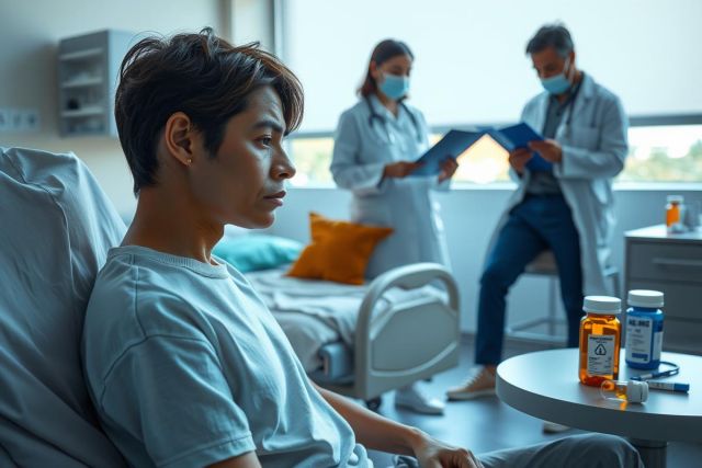 The image shows a man lying in a hospital bed, looking serious or possibly distressed. Surrounding him are medical professionals who seem focused on their tasks, suggesting that the man might be undergoing some form of medical treatment or receiving medical advice. 