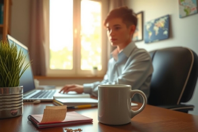 The image shows a person seated at an office desk, working on a laptop. The workspace includes typical items such as a computer monitor, keyboard, mouse, and various office supplies like pens, notebooks, and a coffee mug. 