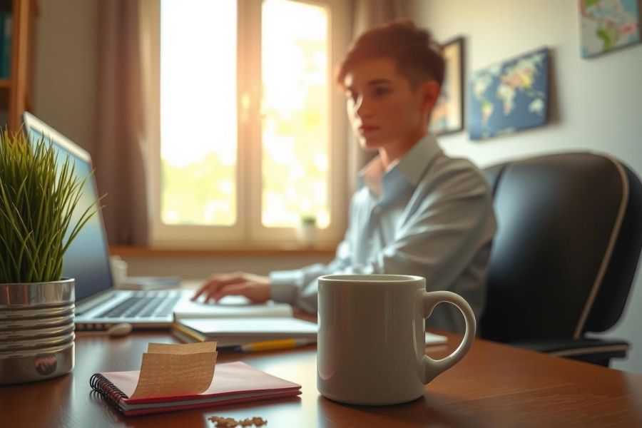 The image shows a person seated at an office desk, working on a laptop. The workspace includes typical items such as a computer monitor, keyboard, mouse, and various office supplies like pens, notebooks, and a coffee mug. 