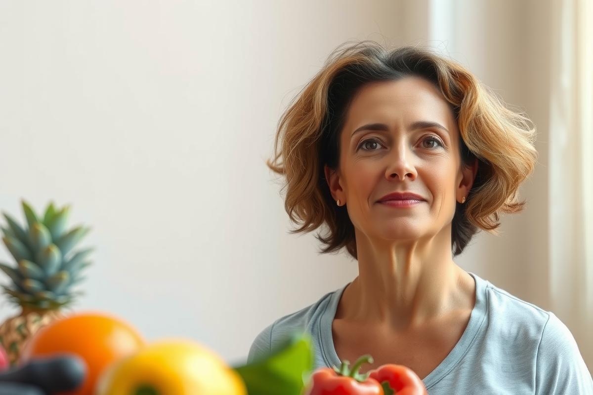 The image shows a woman standing in front of an assortment of fresh fruits and vegetables. She is smiling, suggesting that she may be presenting or showcasing the produce.