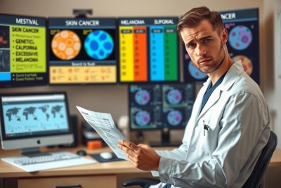 The image portrays a man in a white lab coat, seated at a workstation equipped with multiple computer monitors and various scientific equipment. The screens display data about health issues such as cancer and genetic disorders.
