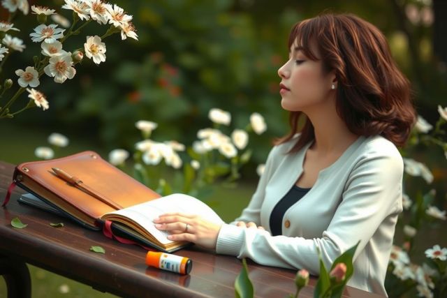 A young woman wearing a black jacket sits at a wooden table, engrossed in reading a book. She is surrounded by the tranquil setting of a garden with white flowers. Her focused gaze suggests she is enjoying her time immersed in the story.