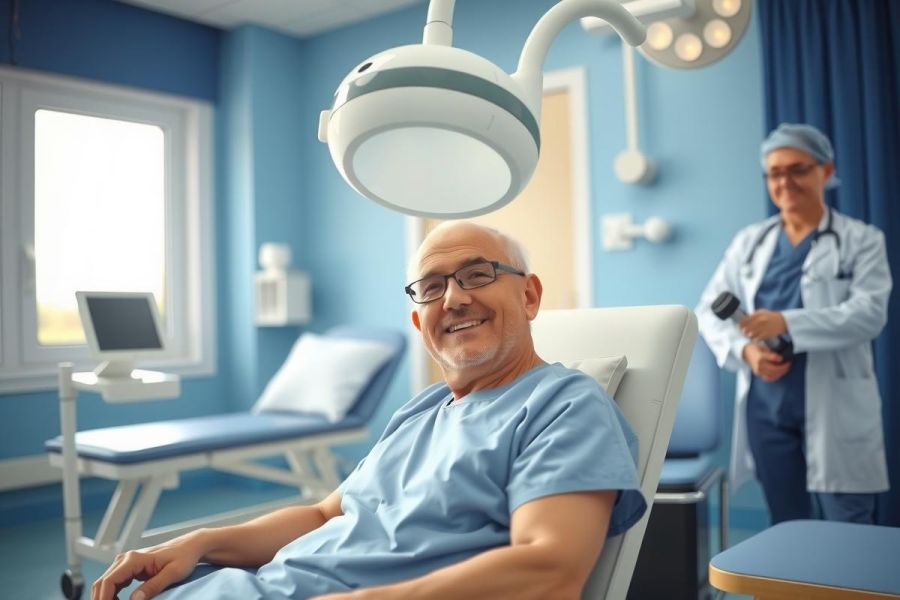 Patient in a hospital bed in a blue operating room, smiling, with a doctor in the background. Medical setting, healthcare, recovery, blue tones, hospital environment.