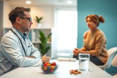 Doctor consults with a patient in a modern office setting. The image features a male doctor in a white coat and a female patient seated at a table with a bowl of fruit and water.  Bright, natural lighting and a clean aesthetic create a professional and welcoming atmosphere.