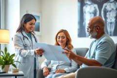 Doctor explaining medical scan results to a couple in a clinic setting. Healthcare professional in a white coat, patient consultation, diagnostic imaging, medical examination.