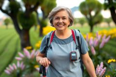 The image features an elderly woman who appears to be on a hike or trek. She is wearing a light gray shirt and has a backpack, suggesting she might be carrying supplies for her journey.