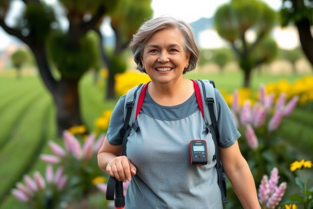 The image features an elderly woman who appears to be on a hike or trek. She is wearing a light gray shirt and has a backpack, suggesting she might be carrying supplies for her journey.