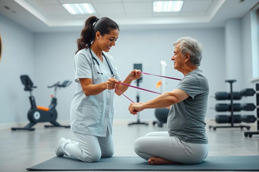 Physical therapist assisting senior man with exercise using resistance band in a bright, modern gym setting. Focus on rehabilitation, senior fitness, and healthcare. Light blue and white color scheme with a supportive, caring interaction.